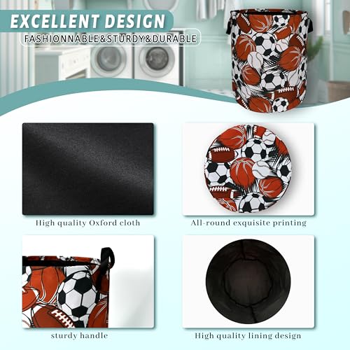 Funny Football Basketball Laundry Basket Foldable With Handles Tote Bag Oxford Cloth Colorful Laundry Hamper Clothes Storage Bucket Toy Organizer For Bathroom/Laundry/Bedroom 18.9" x 16.5 " - color: Hand Drawn Football and Basketball