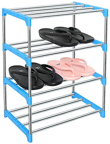 LNYZQUS Upgrade 4 Tier Small Shoe Rack, Kids Show Rack Closet Shoe Organizer,Compact Stackable Shoe Shelf Shoe Stand Floor Shoe Rack for Narrow Space,Zapateras Organizer for Shoes (Blue) - color: Blue