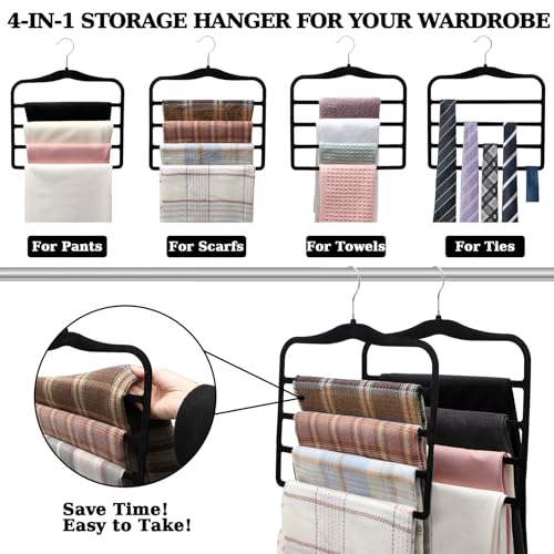 Closet Organizers and Storage, 2 Pack Pants-Hanger-Space-Saving, Velvet Clothes Organization Jeans Trousers Scarf Hangers for Pant-Rack, College-Dorm-Room Essentials for Students Girls Boys Guys - color: Black+sliver