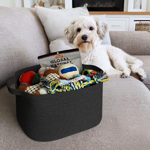 MEGASKET Black Woven Storage Basket - 15"x9"x11" Cotton Rope Basket for Organizing Shoes, Toys, Books, Towels, Rectangular Decorative Dog Toy Bin Box, Wicker Storage Bin for Entryway, Shelf, Gift Use - color: Black