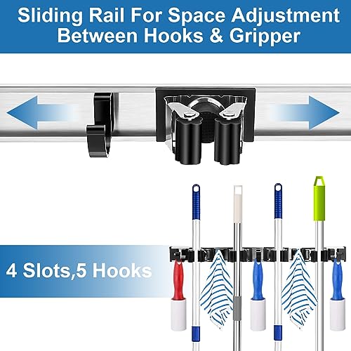 Piyl Mop and Broom Holder Wall Mount Metal Heavy Duty Utility Hooks Broom Organizer Garage Storage Systems Tool Racks for Home Laundry Garden Kitchen Organization (Black, 1 Pack 4R5H)