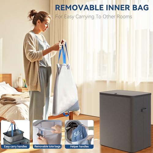 Dual Section 90 liter/23.8 gallon Laundry Hamper Separation Basket with lid, 2 Removable Washing Bags with Handles,Large Laundry Sorter for Easy Clothes Separation - Dark Gray - size: 2 Section,Dark Gray