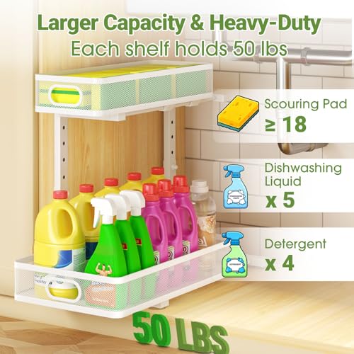 Under Sink Organizer 4-Pack, Metal 2-Tier Pull-Out Cabinet Shelf with Slide-Out Mesh Drawers, Height Adjustable, Space-Saving Storage Racks for Kitchen, Bathroom, Laundry Room, White - color: White-4 Pack