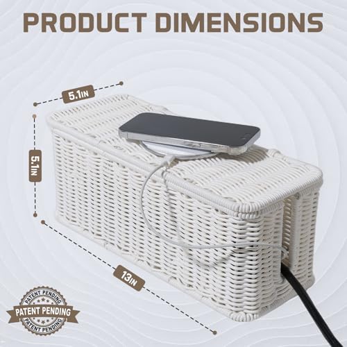 Cable Management Box, Handmade Rattan Cable Organizer with 2 Open Slots, Cord Hider for Power Strip, Router & USB Hub, Registered U.S. Design Patent (D1,112,102), 13" x 5.1" x 5.1", White - color: White, style: Rectangle