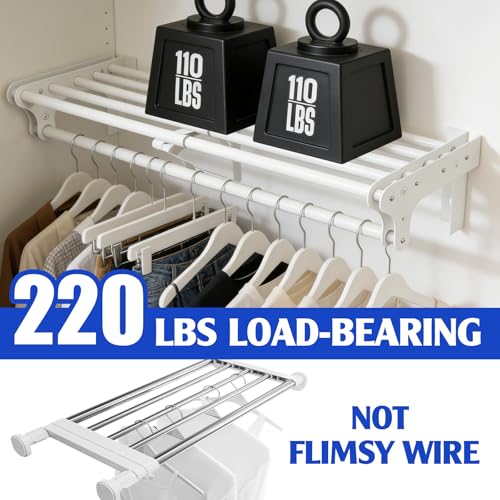 Closet Shelf with Hanging Rod, 28-48'' Expandable Wall Mounted & Side Wall Mounted Steel Clothes Rack with Top Shelf, Holds 220 lb Heavy Duty Closet Rod DIY Divider Separtor for Cabinet Wardrobe - size: 28''-48''
