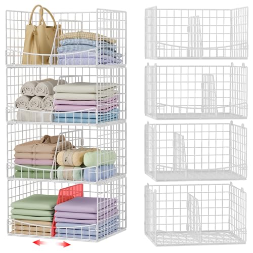 Hongtamoya 4-Tier Closet Organizers and Storage Basket with Divider, Foldable Closet Shelf Organizer System, Space-Saving Clothes Storage Drawer Organizer Bins for Wardrobe Cupboard, White - color: White, size: 12"D x 15.9"W x 35.3"H | Divided