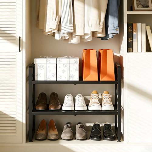 ELYKEN Shoe Rack, 4-Tier Expandable Shoe Organizer for Entryway, Metal Black Shoe Shelf with 4 Hooks, Adjustable Shoe Stand Holder for Closet, Garage, Door Entrance - size: 4-Tier