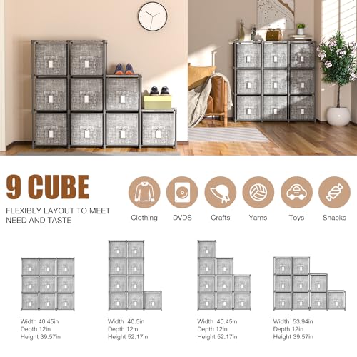 LUKYTOWER Cube Storage Organizer Shelf with Printed Bins + Labels, Cubby Storage Organizer with Bins, Large Capacity Shelves for Storage,Closet, Living Room, Dorm, Yarn (Grey, 9 Cube) - size: 9 Cube