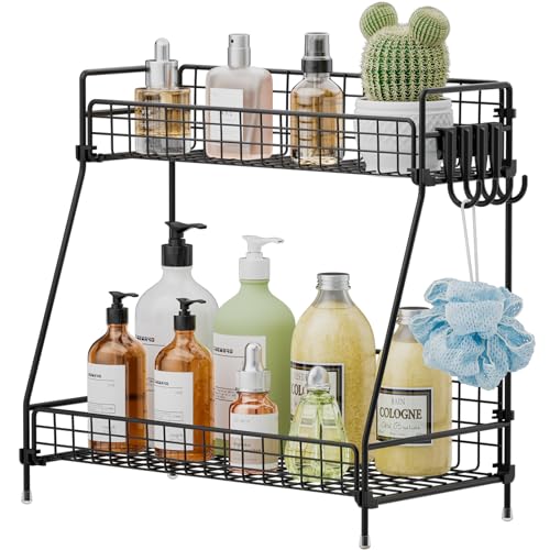 VITVITI 2 Tier Bathroom Organizer Countertop, Metal Wire Bathroom Counter Organizer Storage with Hooks, Vanity Tray Shelf, Kitchen Spice Rack, Black - color: Black Wire