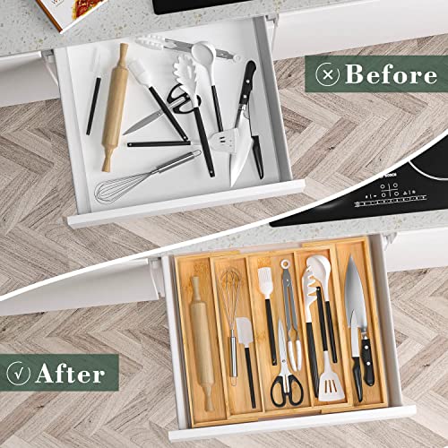 Bamboo Utensil Organizer Cutlery Organizer - Expandable 5 Slots Multipurpose Kitchen Drawer Organizer for Large Cooking Utensils, Baking Tools, Knife Set W13.7"-19.9" x L17.6" X H2.5"(Yellow) - color: Yellow