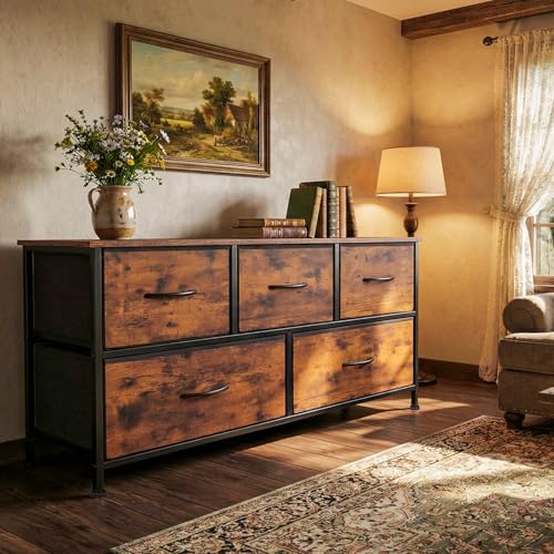 SHAWKEN Dresser for Bedroom with 5 Drawers,Fabric Dresser with One-Piece Steel Frame,Budget-Friendly Organizer for Closet, Hallway, Studio Apartment (Rustic Brown) - color: Rustic Brown