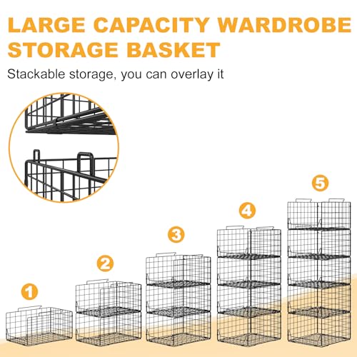 Jakyitvi 5-Tier Stackable Closet Organizer Shelf – Foldable Metal Storage Bins for Clothes, Sweaters & Towels | Stylish Black Wire Baskets for Bedroom, Wardrobe, Dorm or Entryway - color: Black, size: 5 Tier