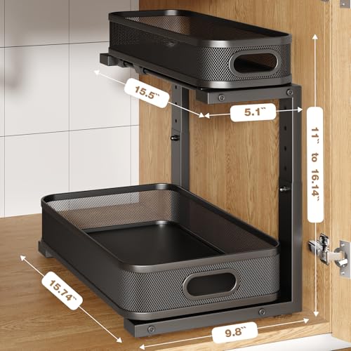 2 Pack 15.7IN-Depth Under Sink Organizer With Smooth Cylindrical Rail,2-Tier Pull Out Multi-Purpose Cabinet Storage for Bathroom&Kitchen,Height Adjustable,Rust-resistant Coating-Black - color: Black, size: 2 Pack-15.7"Dx11"-16.14"H