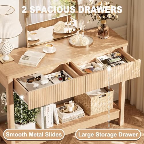 INNOD Entryway Table with Storage, 40" Fluted Console Table with Drawers, Narrow Console Table for Entryway, Sofa Table Behind Couch, Wood Hallway Table for Living Room, Foyer, Small Space (Light Oak)