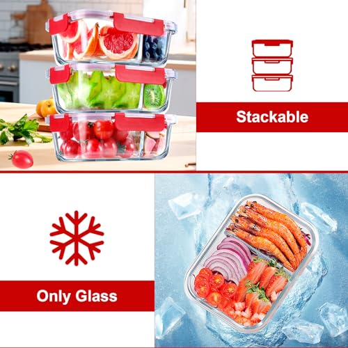VERONES 5 Pack Glass Meal Prep Containers 2 Compartment Set, 36OZ Airtight Glass Lunch Containers, Glass Food Storage Containers with Lids, for Microwave, Oven, Freezer & Dishwasher Friendly,Red - color: Red