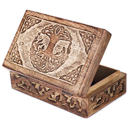 Ajuny Wooden Jewelry Box - Hand Carved Mango Wood Tree of Life Celtic Carving Decorative Multipurpose Keepsake Box, Treasure Chest Memory Box Organizer Travel Trinket Holder Case Gifts - 8x5 Inch - style: Celtic Tree