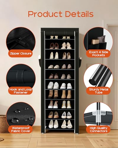 CASAMAYA Shoe Rack with Covers, 10 Tiers Tall Shoe Rack Organizer, Large Capacity Shoe Shelf Storage, Hold 20 Pairs of Shoes, Vertical Shoe Storage Organizer for Closet, Entryway, Black, SRT102B01 - size: 17.7"W - 10 Tier
