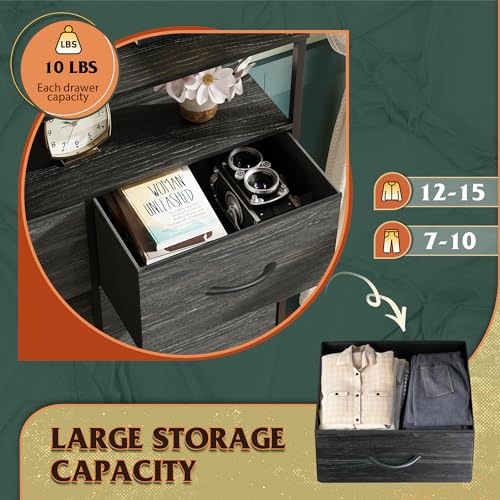 WLIVE Fabric Dresser for Bedroom with Open Shelves, Tall Dresser with 8 Drawers, Storage Tower with Fabric Bins, Chest of Drawers for Closet, Living Room, Hallway, Charcoal Black Wood Grain Print - color: Charcoal Black Wood Grain Print, style: Raised She