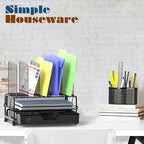 Simple Houseware Mesh Desk Organizer with Sliding Drawer, Double Tray and 5 Upright Sections, Black - color: Black