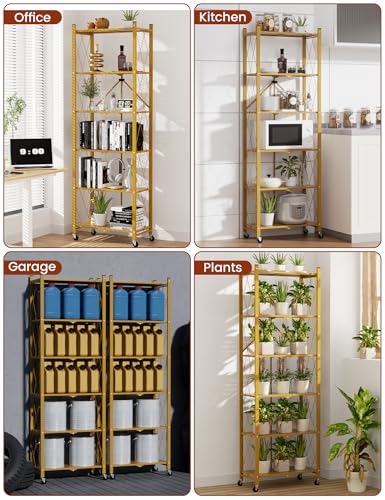 ALANNG 73.6 Inch Folding Bookshelf, 6 Tier Metal Bookcase and Bookshelves, Tall Shelves for Living Room Office Bedroom, Heavy Duty Book Shelve Free Standing Open (Gold, 1PACK) - color: Gold