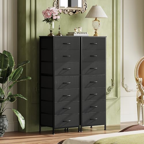 WLIVE Black Tall Dresser for Bedroom, 7 Drawer Dressers & Chests of Drawers, Fabric Dresser for Closet, Living Room, Night Stand with Metal Frame, Storage Tower with Fabric Bins, Wood Top - color: Black, size: 11.73"D x 15.67"W x 45.28"H