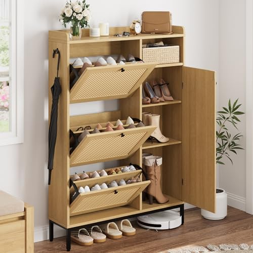 GarveeHome Shoe Cabinet Rattan with 3 Flip Drawers and 4-Tier Shoe Storage Cabinet, Freestanding Shoe Organizer with Adjustable Shelves for Entryway, Closet, Hallway (Light Oak) - color: Light Oak, size: 3-Drawers + 1-Door