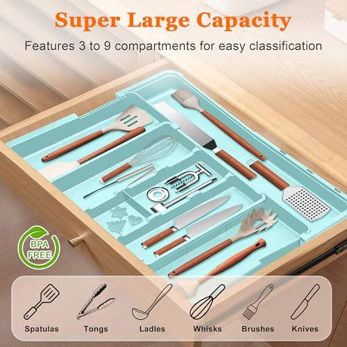 Large Utensil Drawer Organizer Expandable Silverware Organizer for Kitchen Drawer Adjustable Cooking Utensil Holder Cutlery Flatware Tray Spatula Tools Gadgets Storage Dividers Plastic Turquoise - color: Turquoise