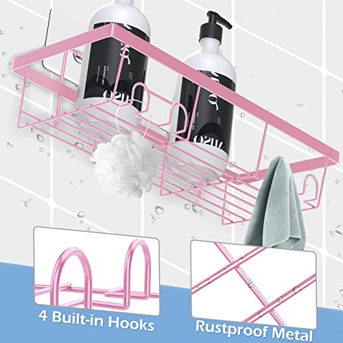 Durmmur 2 Pack Adhesive Shower Caddy Organizer with Hooks, Rustproof No Drilling Wall Mounted Storage Shelf Rack for Inside Shower/Bathroom/Kitchen (Pink) - color: Pink