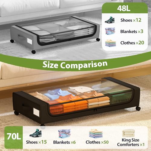 GoMaihe Under Bed Storage with Wheels: 70L Underbed Storage Containers with Clear Lids - Rolling Drawers & Bins for Shoes Clothes in Dorm Bedroom - Space-Saving Easy Pull-out Black 2-Pack - color: Black, size: Extra Large(2Pack)