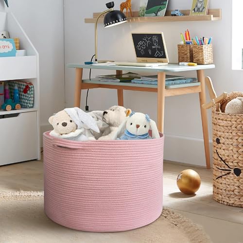 MEGASKET Extra Large Pink Basket, 22"x22"x14" Woven Cotton Rope Bin with Handles, Blanket Storage for Living Room, Baby Kids Toy Storage Bin Box, Wicker Laundry Basket, Pink Room Decor Organizing - color: Pink, size: 22"x22"x14"