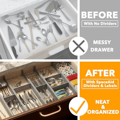 SpaceAid Bamboo Drawer Dividers with Inserts and Labels, Kitchen Adjustable Drawer Organizers, Expandable Organization for Home, Office, Dressers, 7 Dividers with 15 Inserts (17"-22" Gray) - color: GRAY, size: 2.35''H, 17''-22''L, 7 Dividers