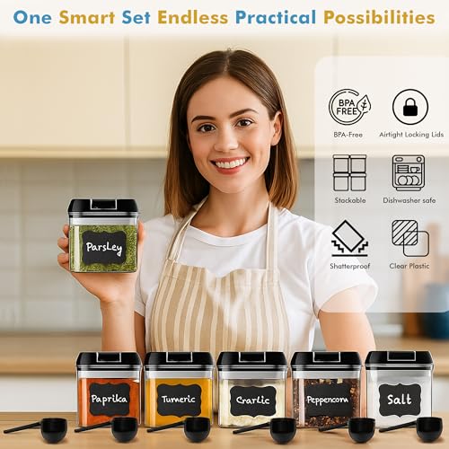 Shazo 6 PC Airtight Food Storage Containers + 6 Spoons Included - BPA Free Plastic Snack & Spice Containers with Easy Lock Lids - Kitchen and Pantry Organization for Herbs Coffee Tea - 0.5L / 2.1 Cup - color: Black - 6 Pc (Improved Quality), size: 6 Pc -