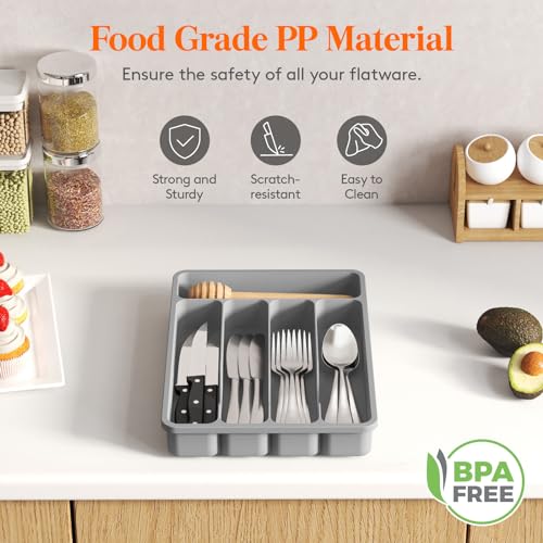 Lifewit Silverware Drawer Organizer Tray, Plastic Cutlery Storage for Kitchen, Flatware and Utensil Holder Divider for Spoons Forks Knives Tableware, 9.1 x 12.6", 5 Slots, Gray - color: Gray, size: 9.1 x 12.6 inch (5 Slots)
