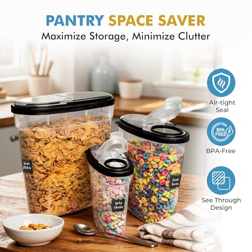 Shazo 3 PC Cereal Container Storage Set (5.2L, 2.8L, 1.2L) - Large Airtight Food Storage Containers with Flip-Top Lids, BPA-Free Plastic Cereal Dispenser for Pantry, Rice, Flour, Sugar & Pasta