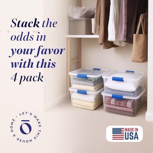 HOMZ 4-Pack 15.5 Quart Latching Lid, Clear Plastic Storage Organizer Bins, Blue – Stackable Containers for Home & Office Shelves, Kitchen, Garage, and Bathroom Organization - color: Blue, size: 15.5 QT (4 Pack)