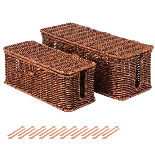 BROWNLILY Rattan Wire Storage Box, Handmade Cord Organizer for Desk Cord Hider Outlet Covers Baby Proofing for Power Strip TV PC Router Charger Under Desk Cable Management Box - color: Brown, size: Set (L+M)