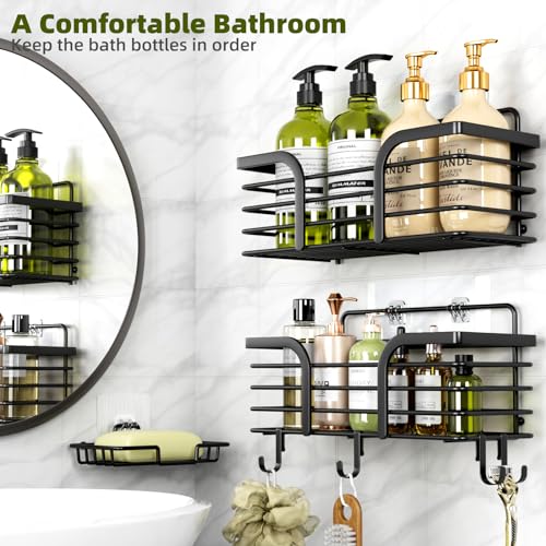 Yougai Shower Caddy, Shower Organizer with Soap Holder and Hooks, Rustproof Shower Shelves, No Drilling Bathroom Organizers and Storage, Wall-Mounted Kitchen & Home Decor (Black) - color: Black