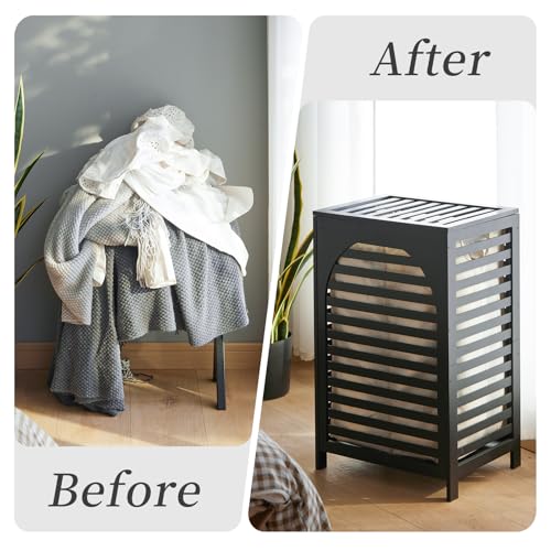 Laundry Hamper with Lid,Bamboo Large Waterproof Clothes Laundry Basket,Removable Washing Bags with Handles,clothes basket (Black) - color: Black