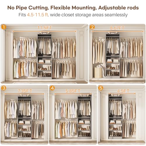 Homieasy Closet System, 4.5-11.5 Ft Expandable Closet Organizer with 5 Hanging Rods, Walk-in Wood Closet Organizer System with Storage Tower, Heavy Duty Garment Rack Wardrobe for Bedroom, Gray - color: Gray