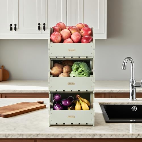 Wood Potato Onion Storage Bins - Wooden Stackable Produce Basket - Fruit Vegetable Storage for Kitchen Pantry Organization, Set 3 Pieces - color: Pebble Gray