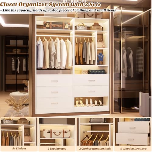 Besiost 4FT Closet Systems with 5 Wood Drawers, 48 Inch Closet Organizer System with 2 Hanging Rods & 7 Shelves, Heavy Duty 48" Walk-in Closet , White (48"L x 15" W x 80" H) - color: White