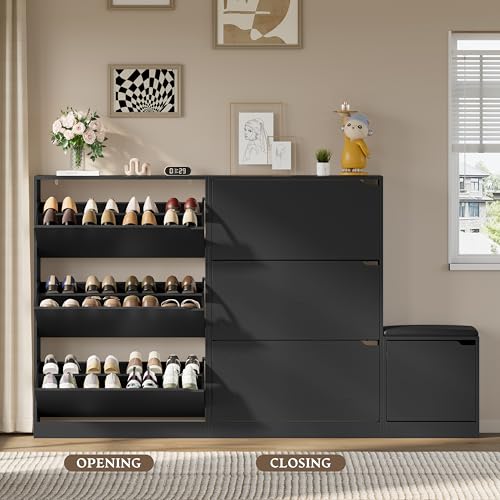 BORNOON Shoe Cabinet with Bench and 3 Flip Drawers, Slim Narrow Shoe Storage Cabinet, Freestanding Shoe Rack Organizer with Adjustable & Removable Shelves, Anti-Tip for Entryway, Hallway, Foyer - color: Black, size: 3-Drawer - Bench