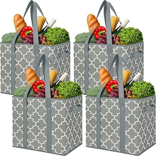 WISELIFE Reusable Grocery Bags 4-Pack Foldable Washable Storage Bins Basket Water Resistant Shopping Utility Tote Bag Grey - color: Grey, size: 4 Pack