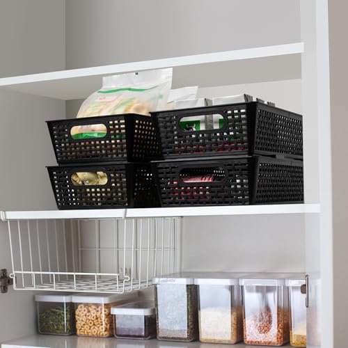 Tiawudi Stackable Woven Plastic Basket, Storage Bins for Cabinet, Closet, Shelf, Under Sink and Countertop, Pantry Organizer Bins, 6 Pack - color: Black