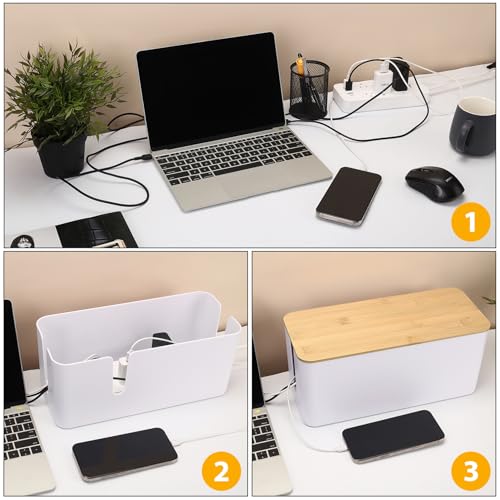 ZhiYo Bamboo Lid Cord Organizer Box, 2Pack Large Cable Management Box, Safe ABS Wire Organizer for TV and Computer, Wood Cover Cord Hider to Hide Wires, USB Hub & Under Desk Power Strip, Black - color: Black, size: XL + L