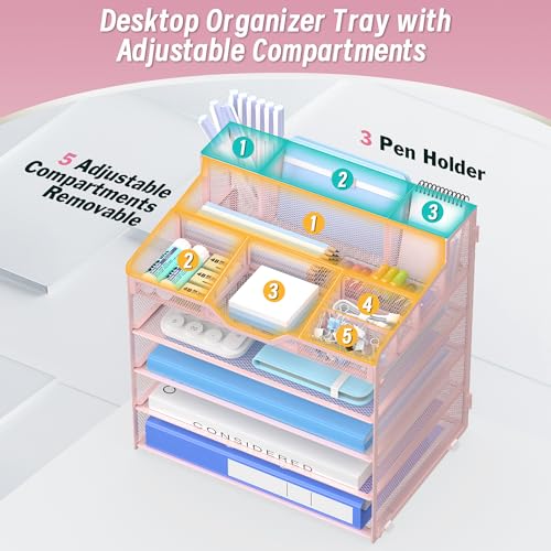 5 Tier Mesh Desk Organizer,Multi Functional Letter Paper Tray with 3 Pen Holders and 5 Adjustable Storage Compartments for Office Supplies Files and Mail Space Saving Desktop Organizer-Pink - color: 5 Tier-pink