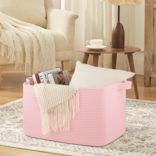 OIASKET 95L Extra Large Blanket Basket, 24" x 16.9" x 14.2" Woven Storage Basket for Living Room, Rectangle Nursery Blanket Storage for Toys, Towels, Dirty Clothes (Pink) - color: Pink, size: 24"x16.9"x14.2"