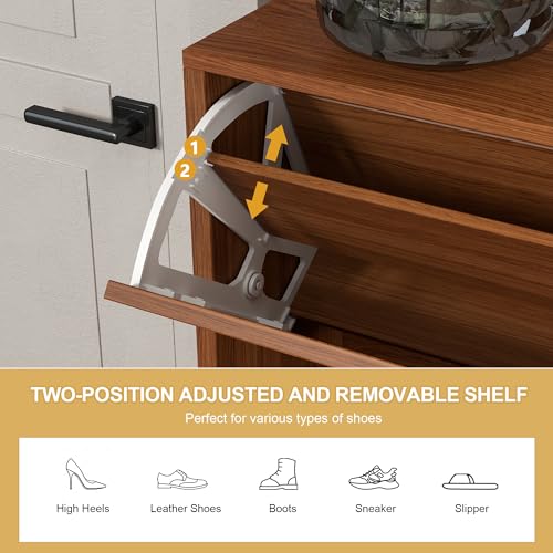 AVZEAR 43" Narrow Shoe Storage Cabinet for Entryway with Natural Linen Panel, Freestanding Slim Shoe Cabinet with 4 Flip Drawers, Wood Shoe Organizer Closed Shoe Rack for Hallway, Living Room(Walnut) - color: Walnut, size: 4 Drawers