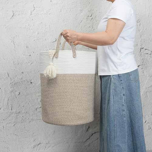 Woven Cotton Rope Laundry basket-15”X20” Laundry Hamper-Rope Storage Basket for Dirty Clothes, Toys and Blankets Perfect for Bathroom, Baby nursery and Living Room Storage (white and brown) - color: white and brown, size: regular