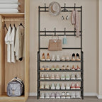 Coat Rack Shoe Rack With Storage Shelf Freestanding with 8 Hooks for Entryway Bedroom Closet 4 Tier, Black - color: Black
